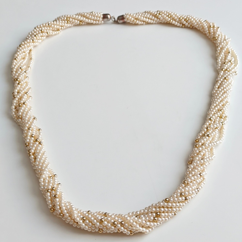 Vintage Multi Strand Faux Pearl Torsade Necklace Gold Tone Accents Cream Long